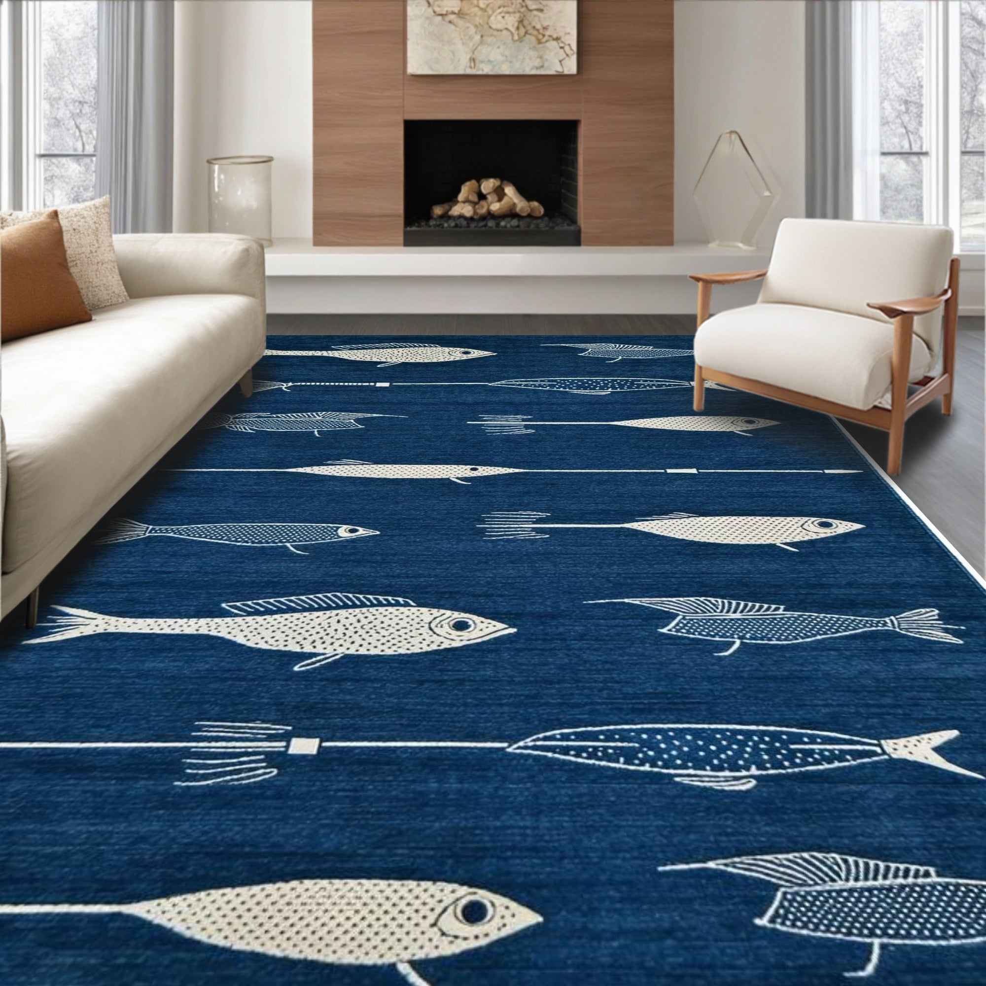 Navy Blue Whimsical Fish Print Rug(Blue)