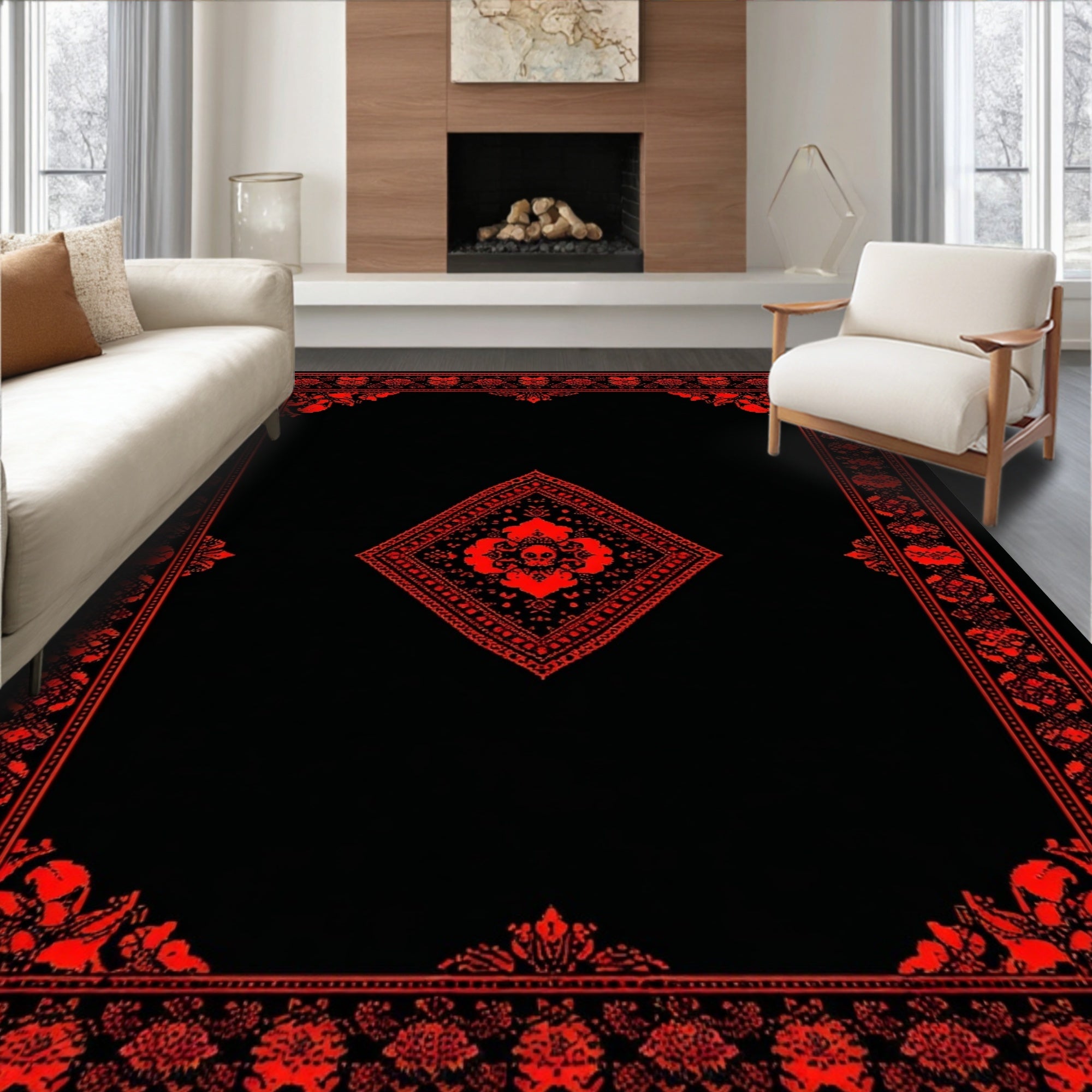 Black Red Ornate Mysterious Rug(Red)