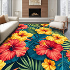 Vibrant Red & Yellow Tropical Floral Rug(Red)