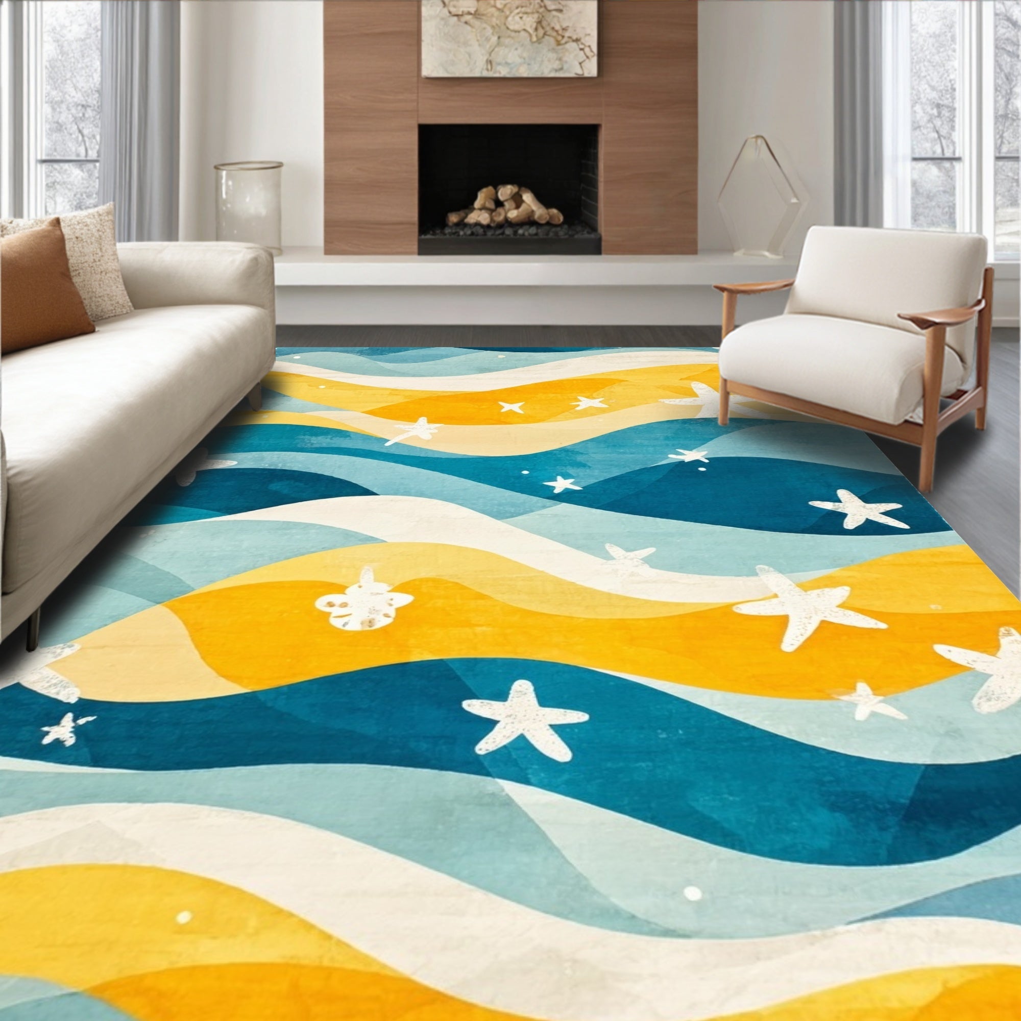 Blue Yellow Wavy Starfish Coastal Rug