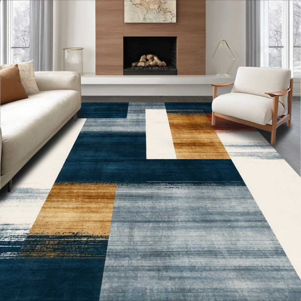 Navy Blue & Earth Tone Geometric Modern Rug