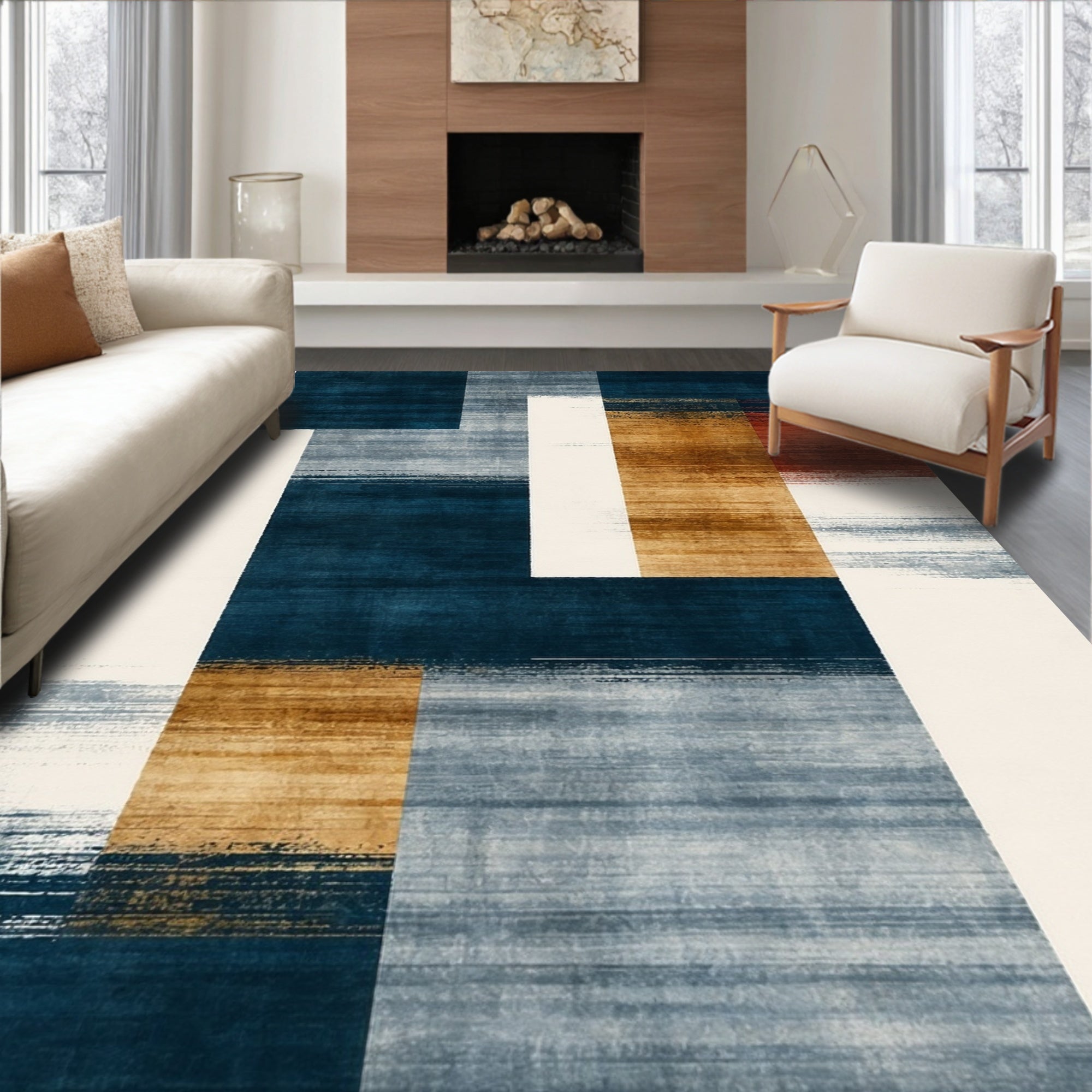 Navy Blue & Earth Tone Geometric Modern Rug
