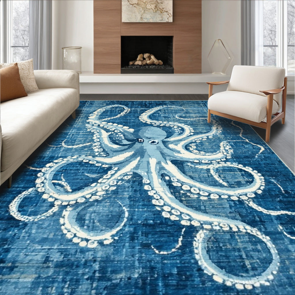 Deep Blue Octopus Ocean Rug(Blue)