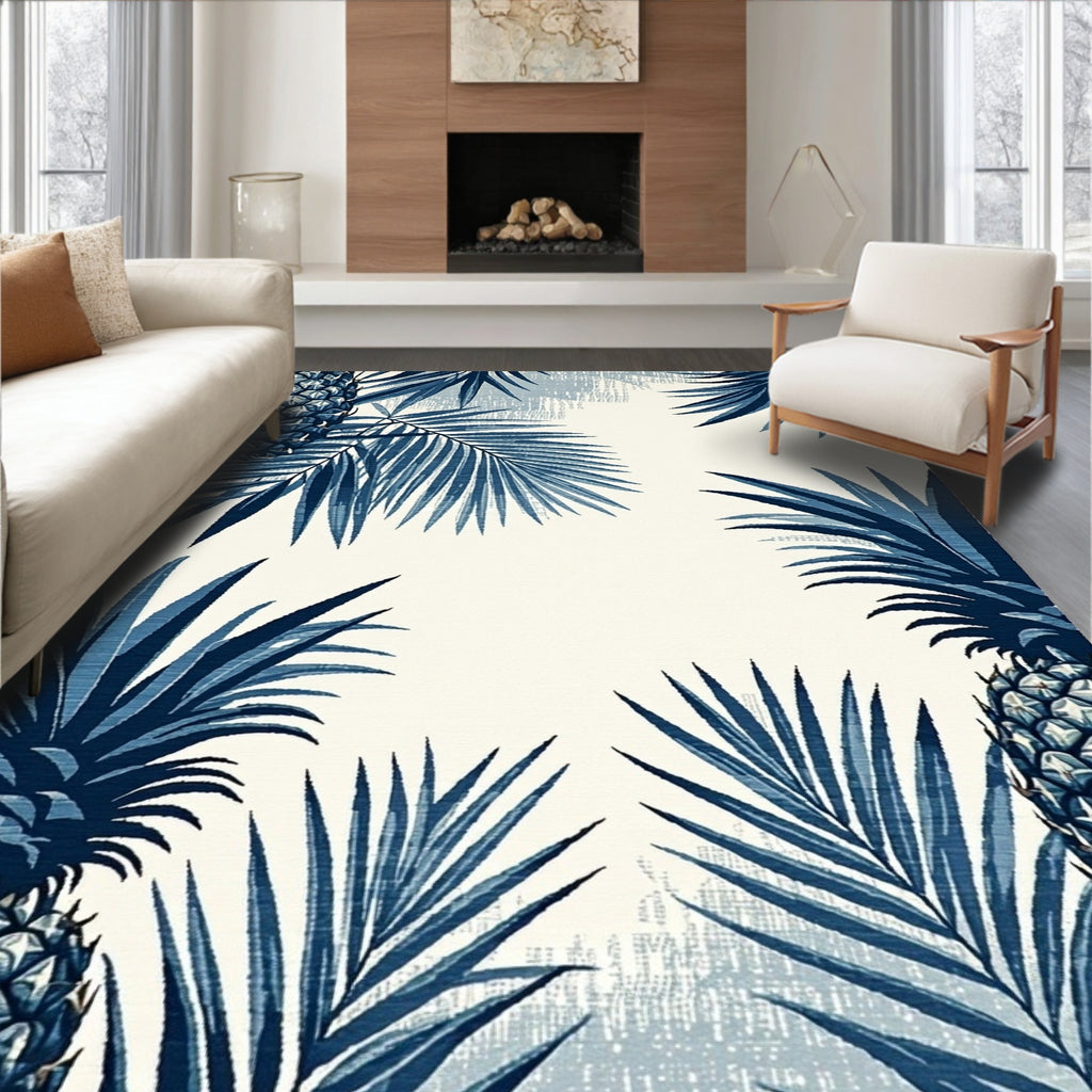 Navy Tropical Pineapple Palm Rug(Blue)