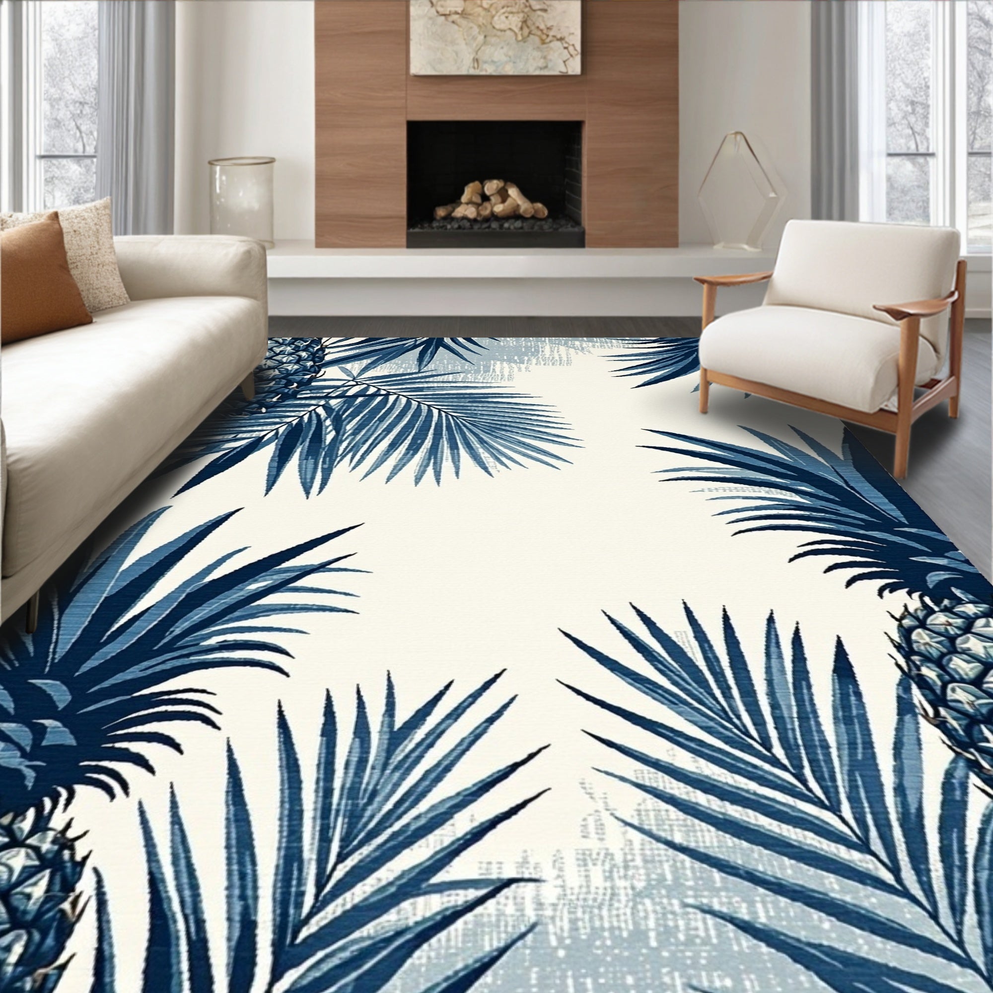 Navy Tropical Pineapple Palm Rug(Blue)