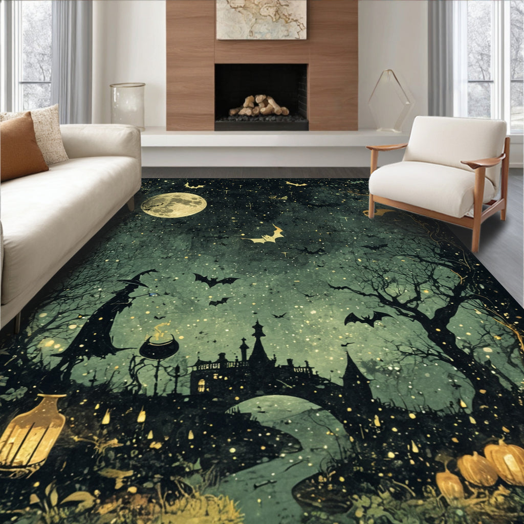Dark Teal Spooky Night Scene Rug(Black)