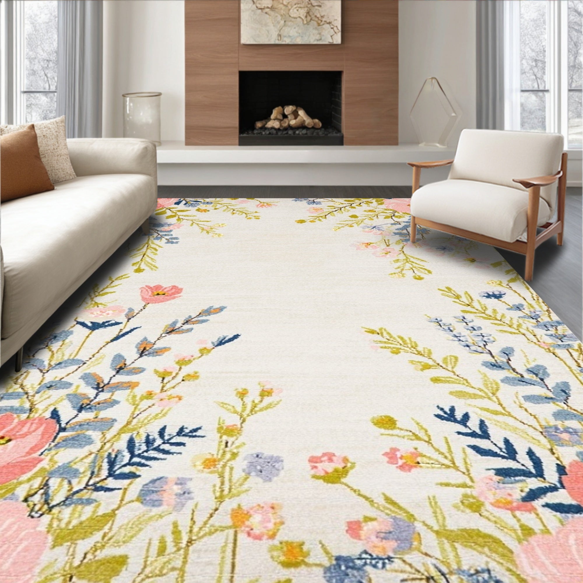 Cheerful Pink Blue Floral Rug(Beige)