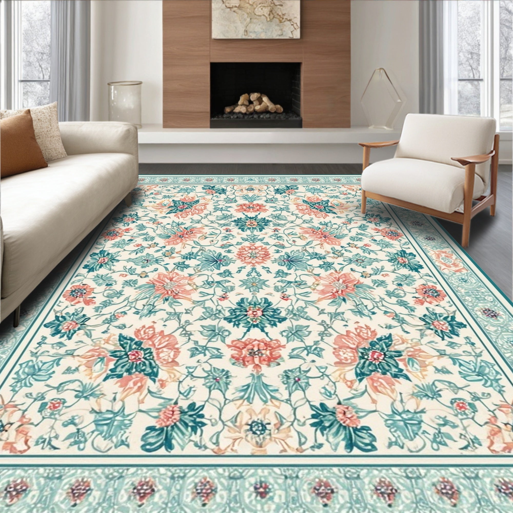 Serene Teal Coral Ornate Floral Rug(Beige)