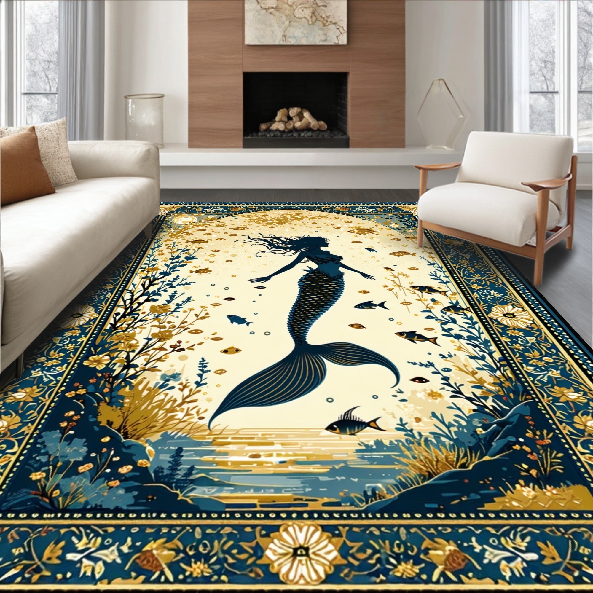 Whimsical Teal Gold Mermaid Rug(Gold)
