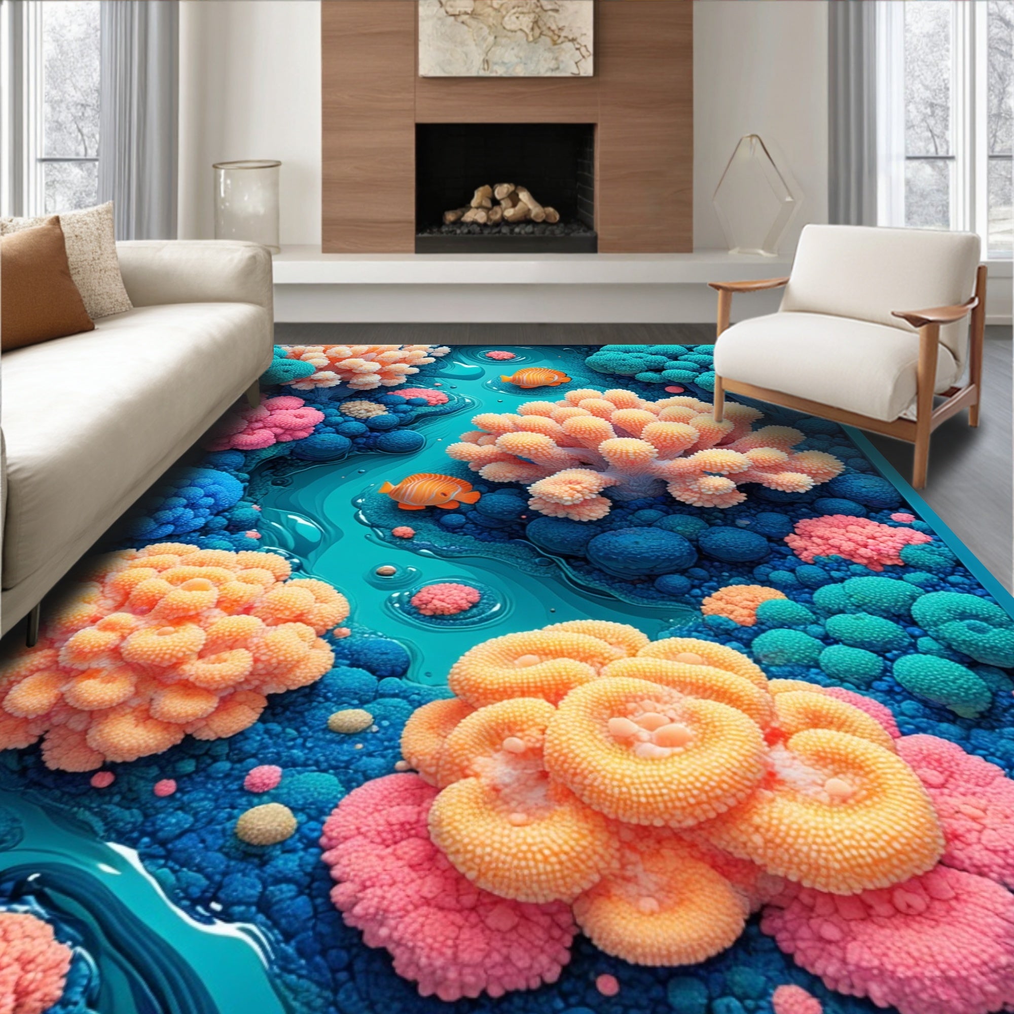 Vibrant Coral Reef Teal Rug