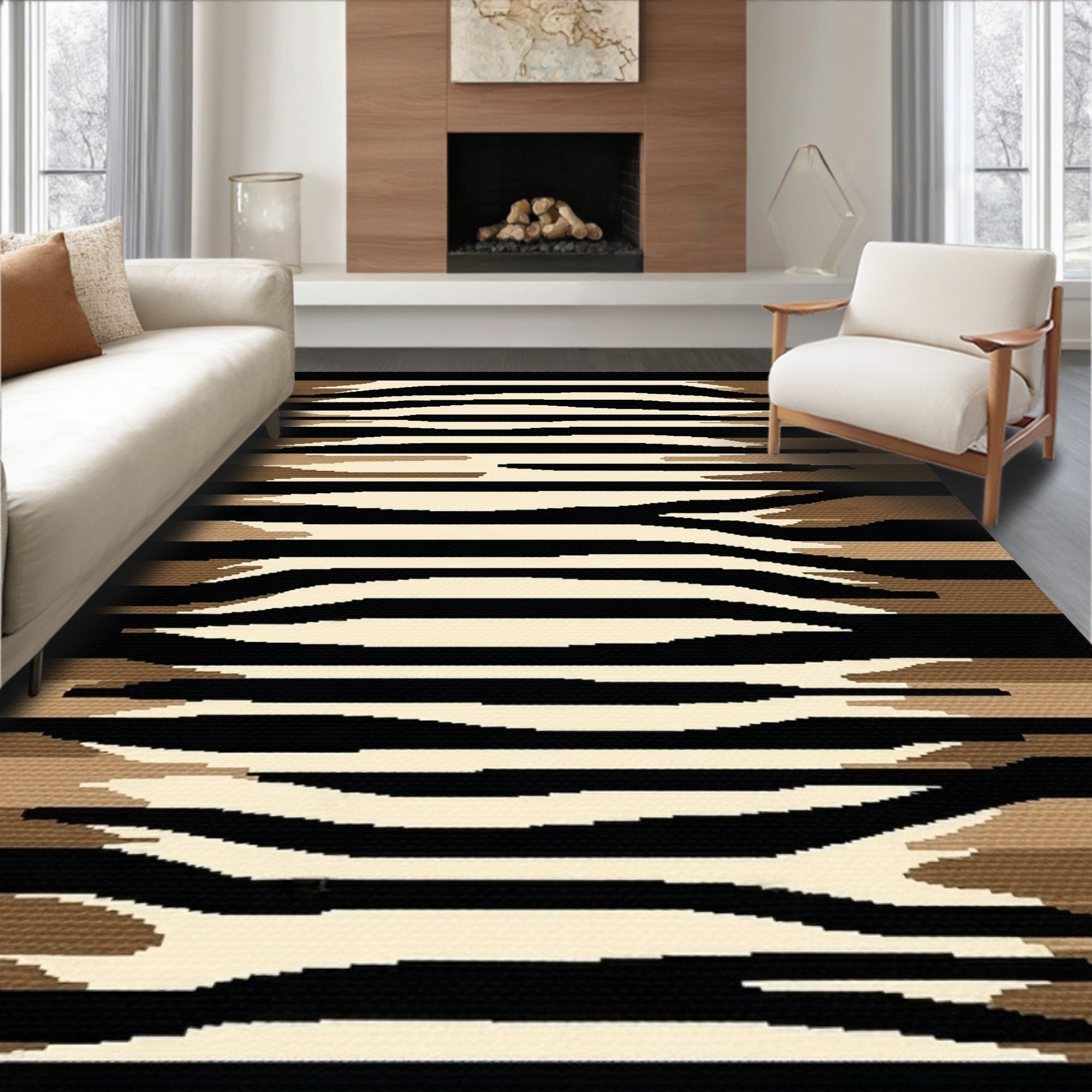 Black Beige Brown Wavy Striped Modern Rug