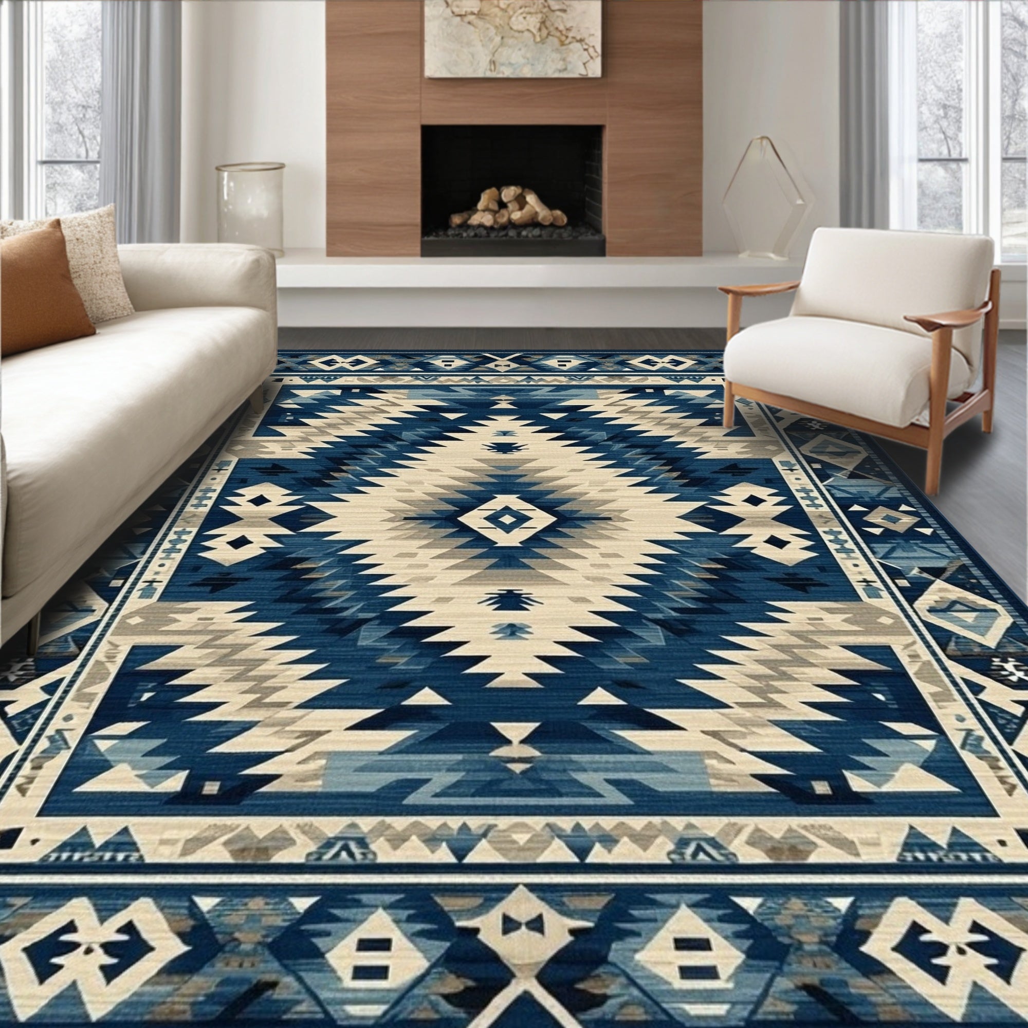 Navy Beige Tribal Geometric Vibrant Rug(Blue)