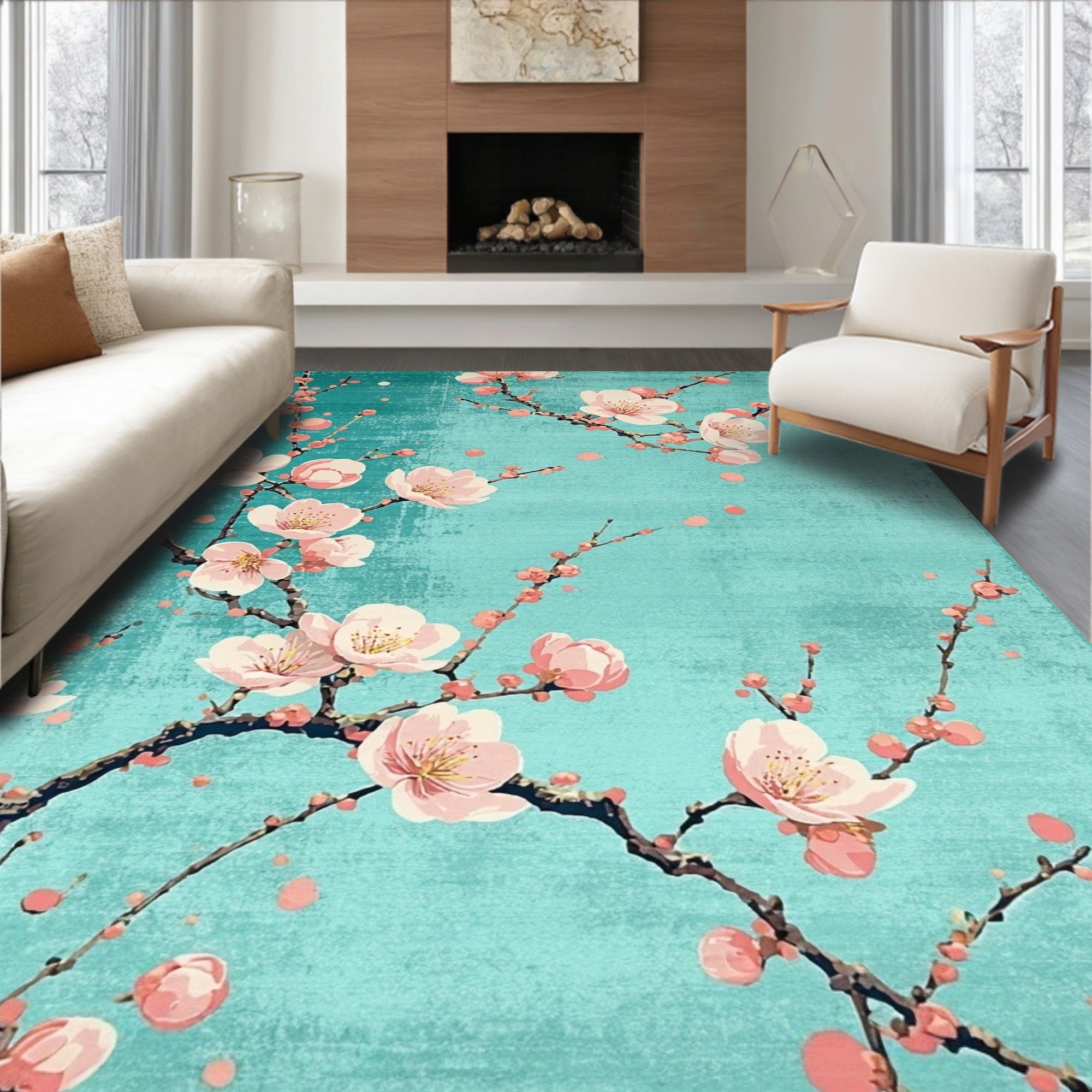 Teal Pink Cherry Blossom Serene Rug(Blue)