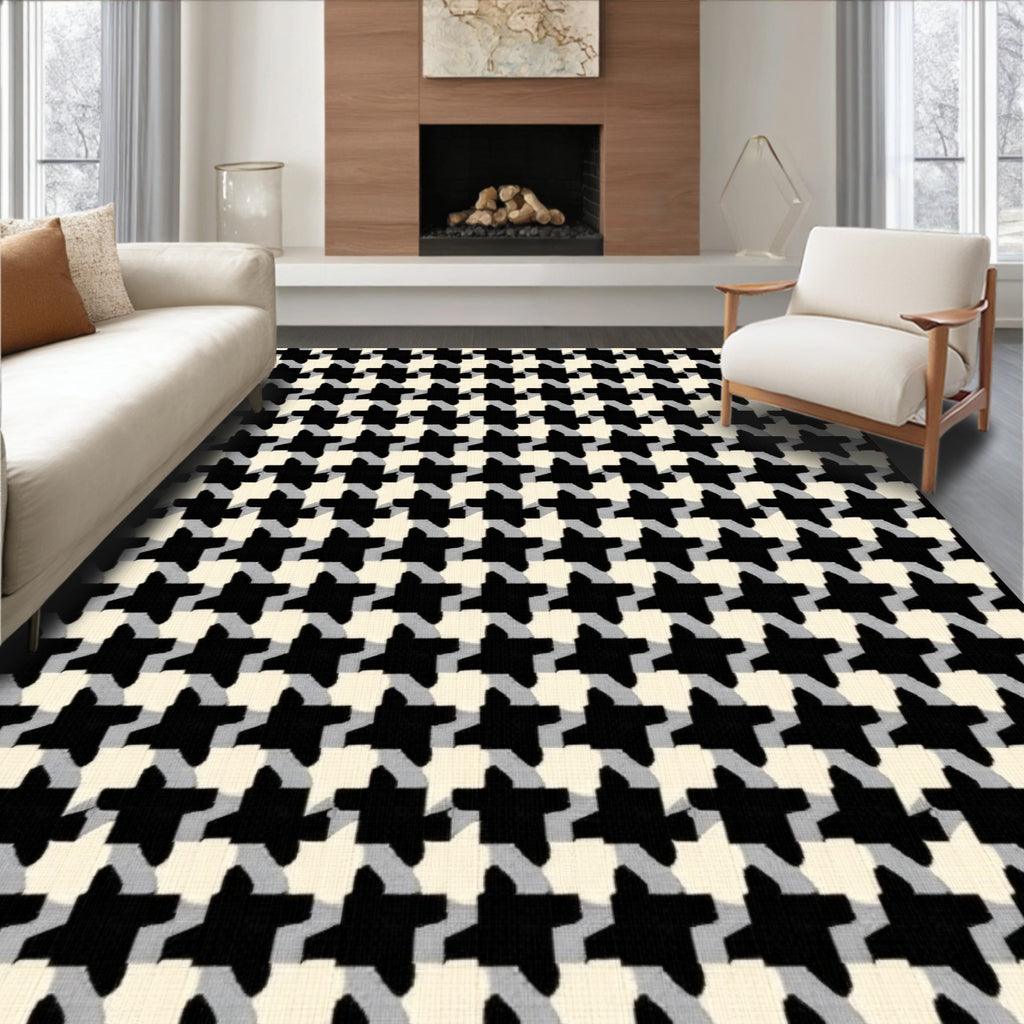Classic Black White Houndstooth Rug(Black)