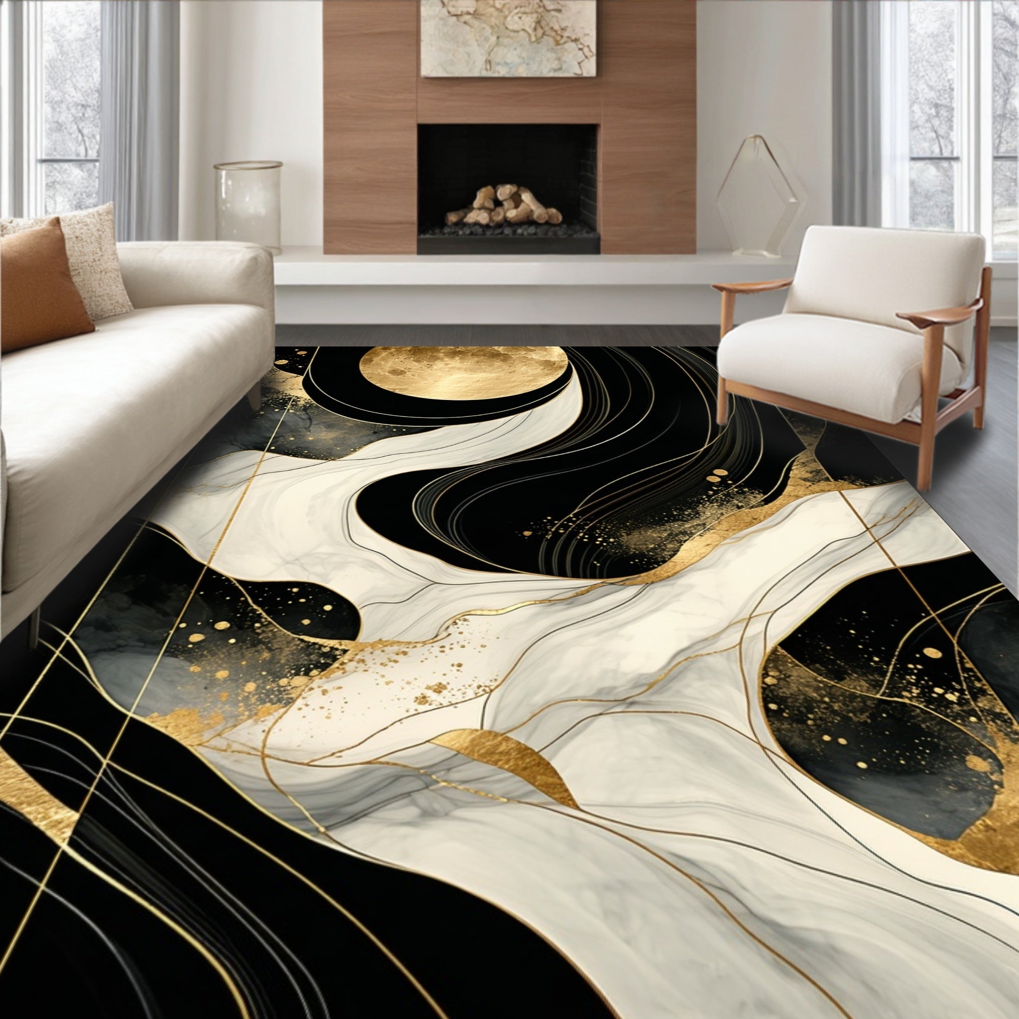 Elegant Black White Gold Abstract Flow Rug