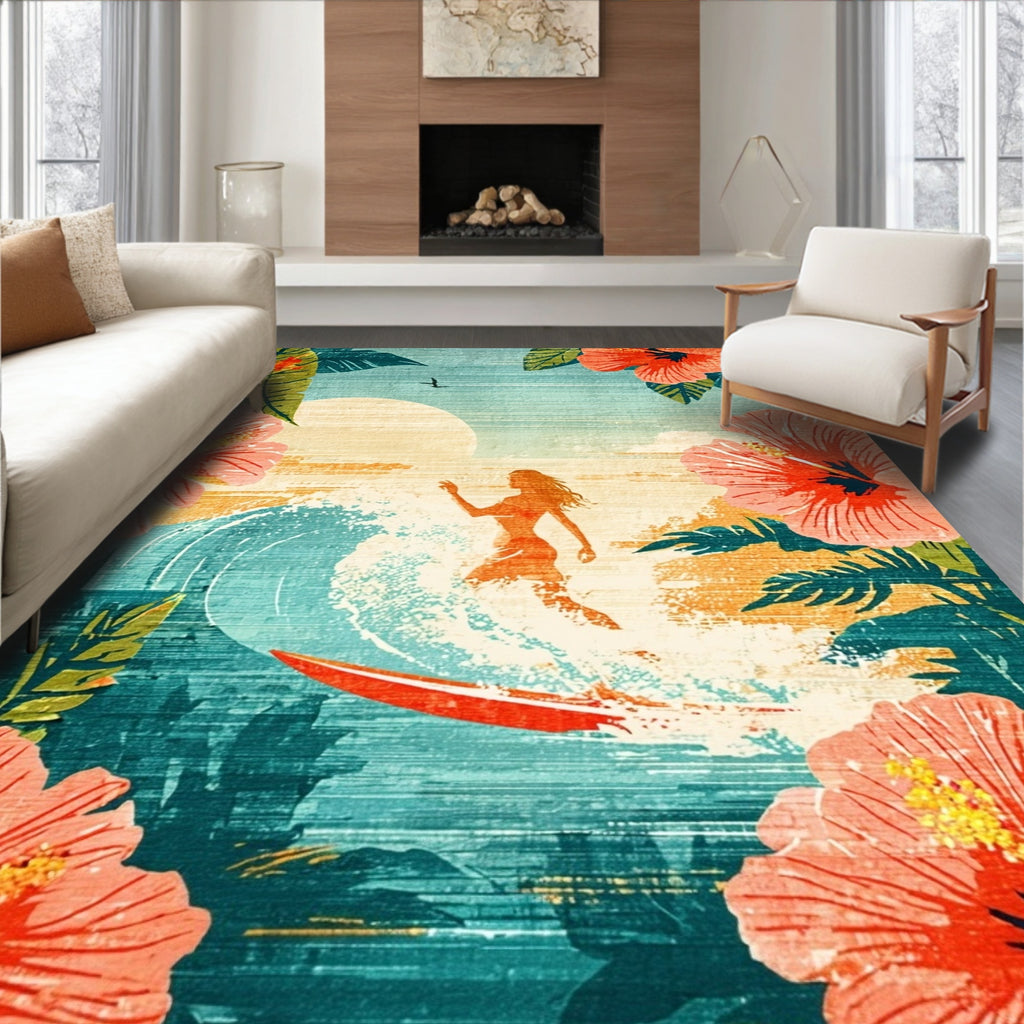 Teal Coral Tropical Hibiscus Surf Rug