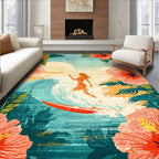 Teal Coral Tropical Hibiscus Surf Rug