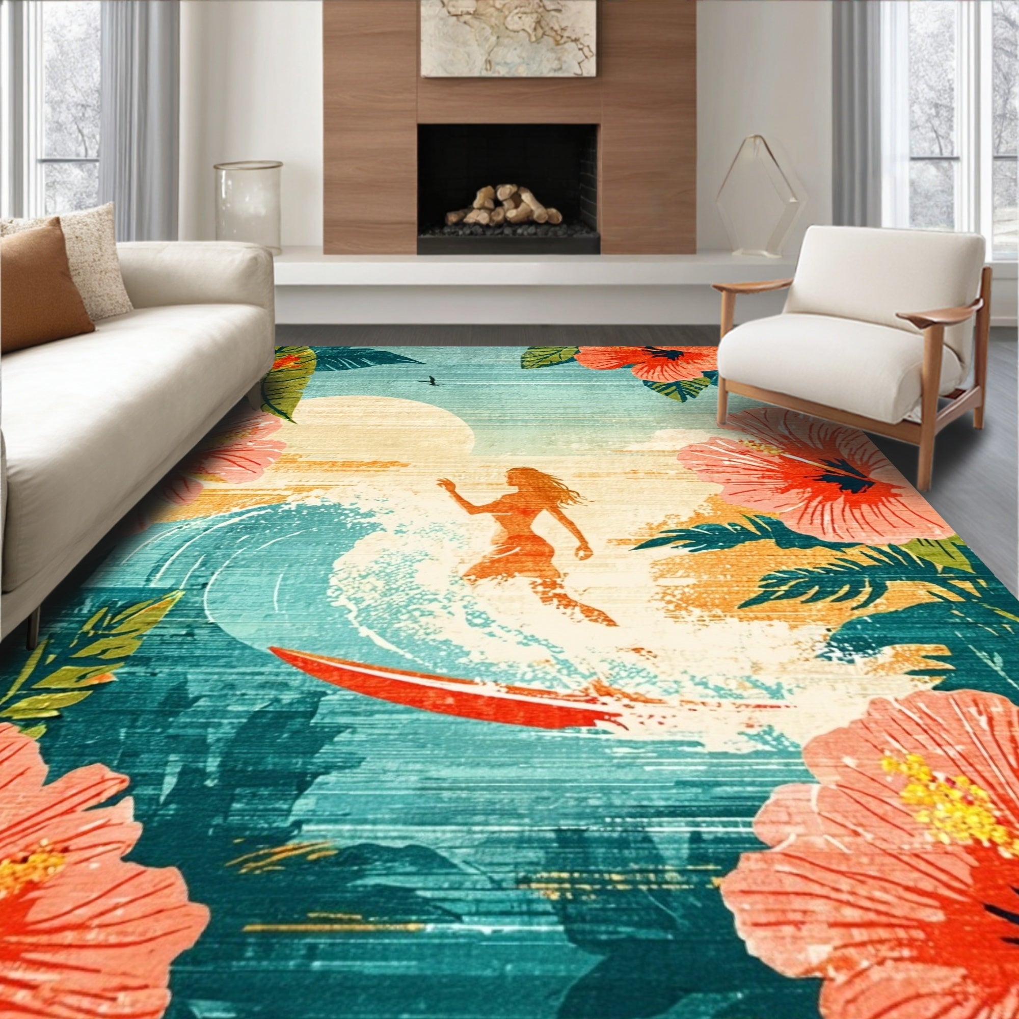 Teal Coral Tropical Hibiscus Surf Rug