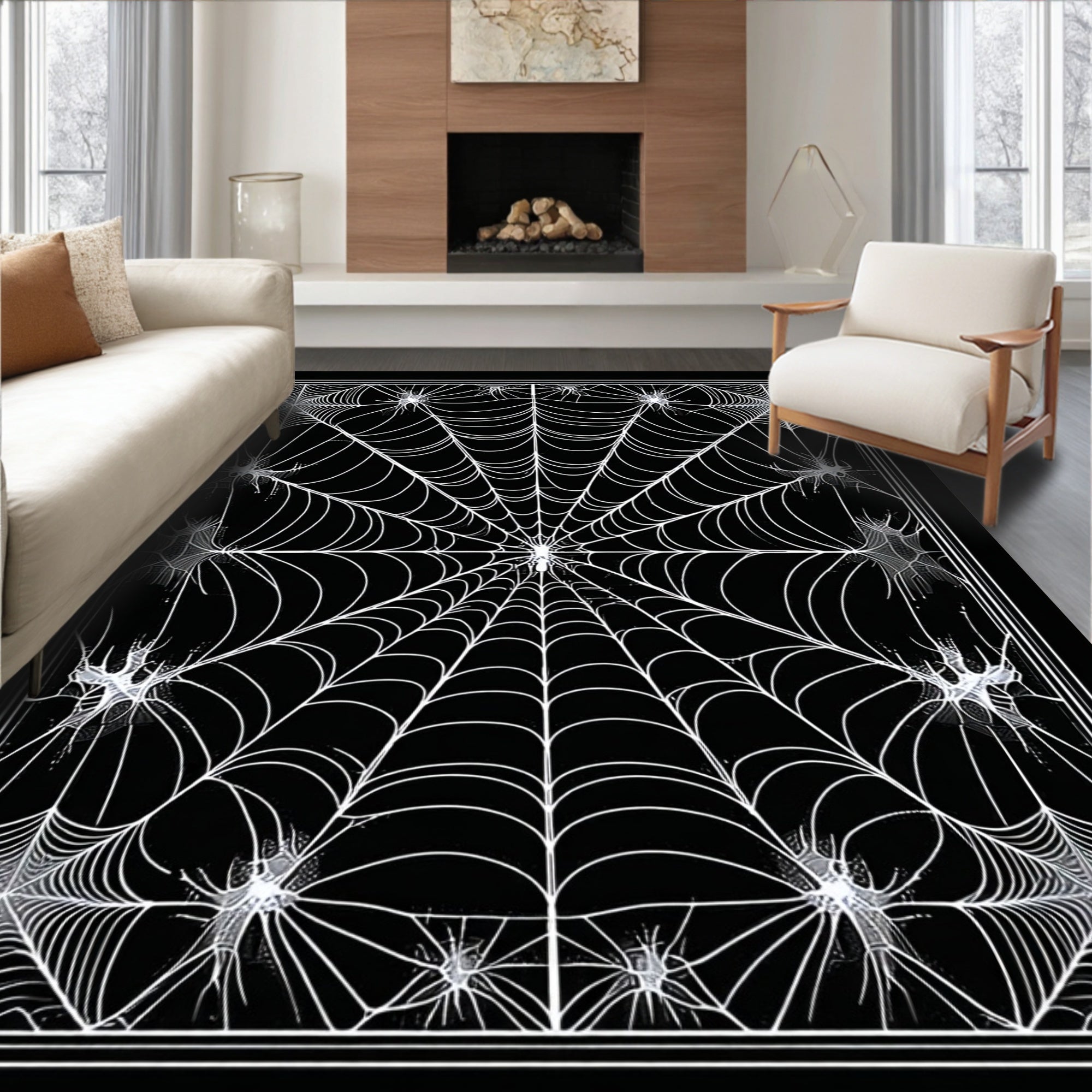 Eerie Black Spider Web Rug(Black)