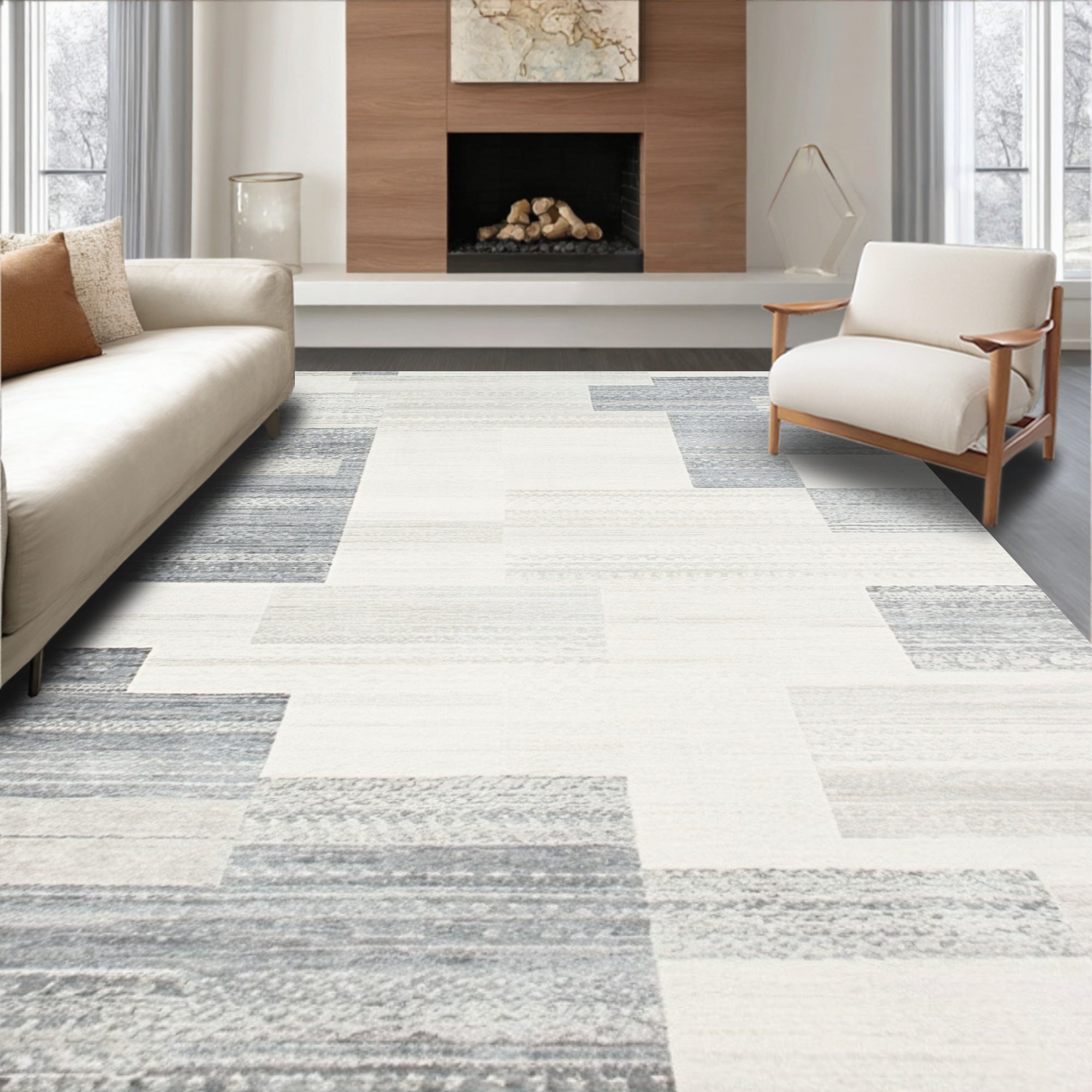 Gray Geometric Textured Calm Rug(Gray)