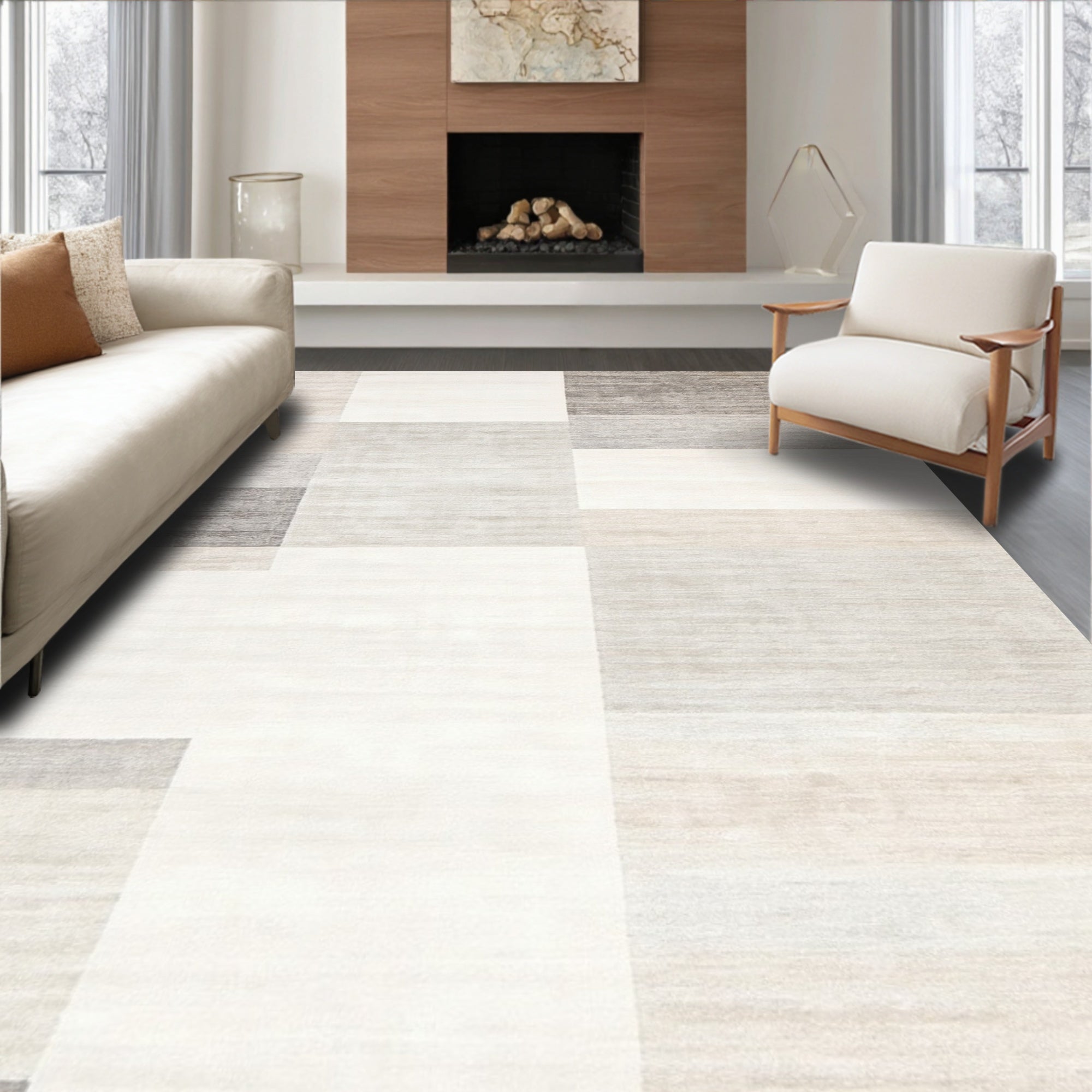 Serene Neutral Geometric Block Rug