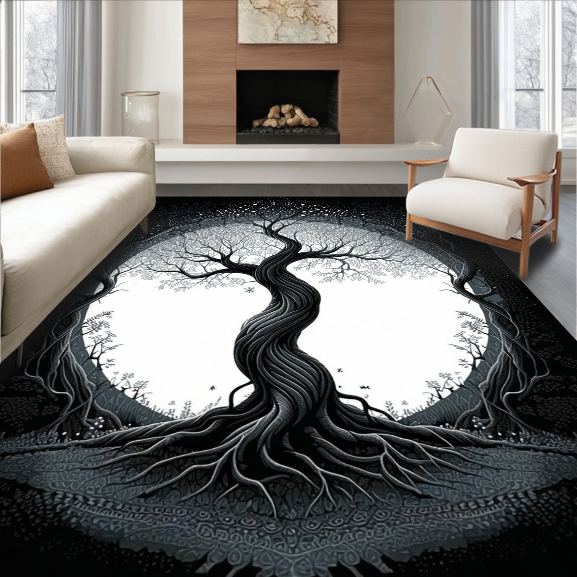Black-and-white Twisted Tree Mystical Rug(Black)
