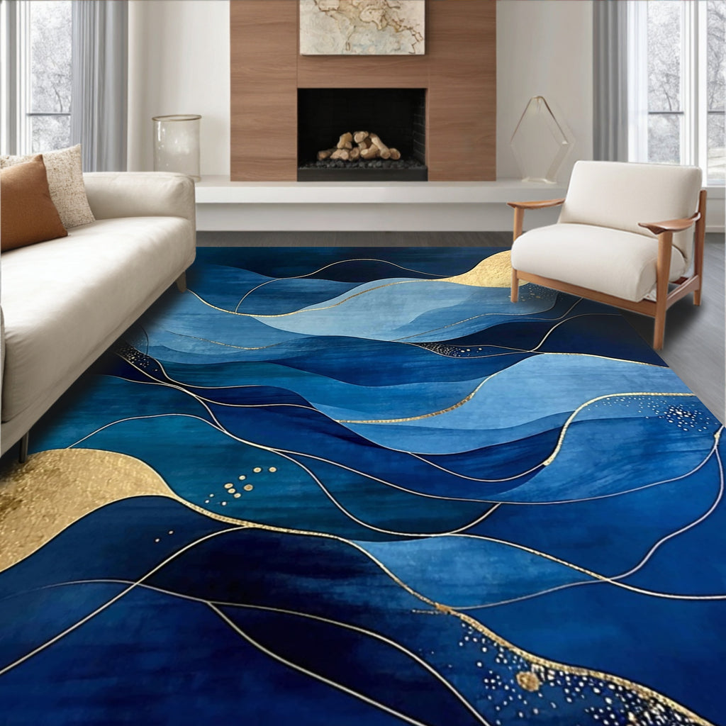 Elegant Blue Gold Wave Rug