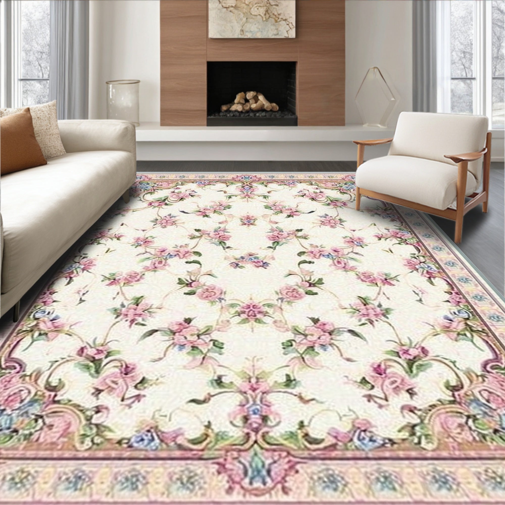 Cream Pink Floral Elegant Rug(Pink)