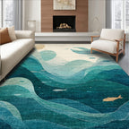 Serene Teal Ocean Wave Fish Rug - Washable Flatwoven Chenille