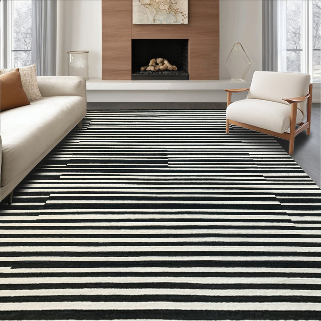 Abstract Black & White Stripe Modern Rug