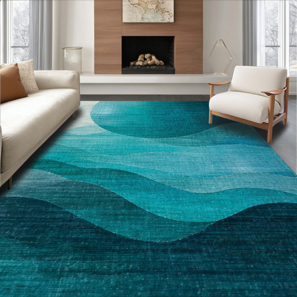 Serene Teal Wave-Patterned Rug