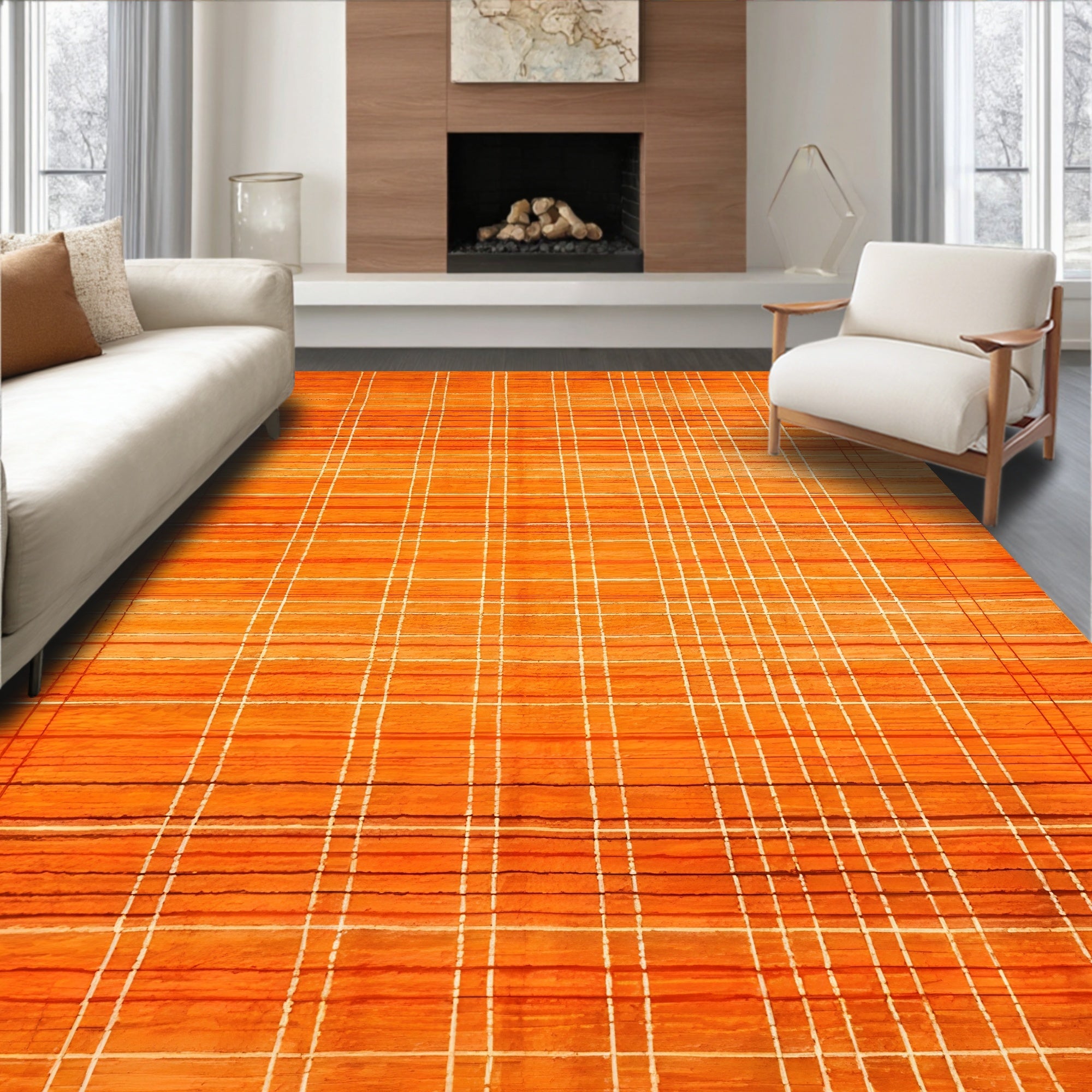 Warm Orange Plaid Pattern Rug(Orange)