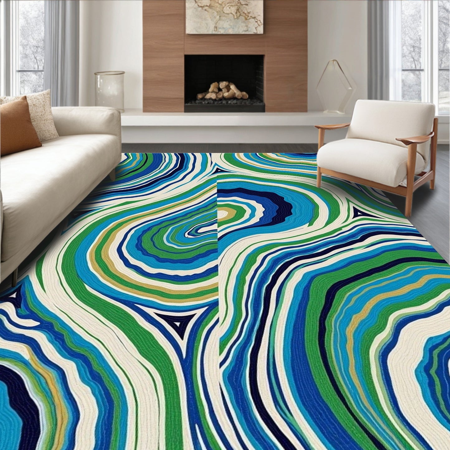 Vibrant blue-green swirling rug(Blue)