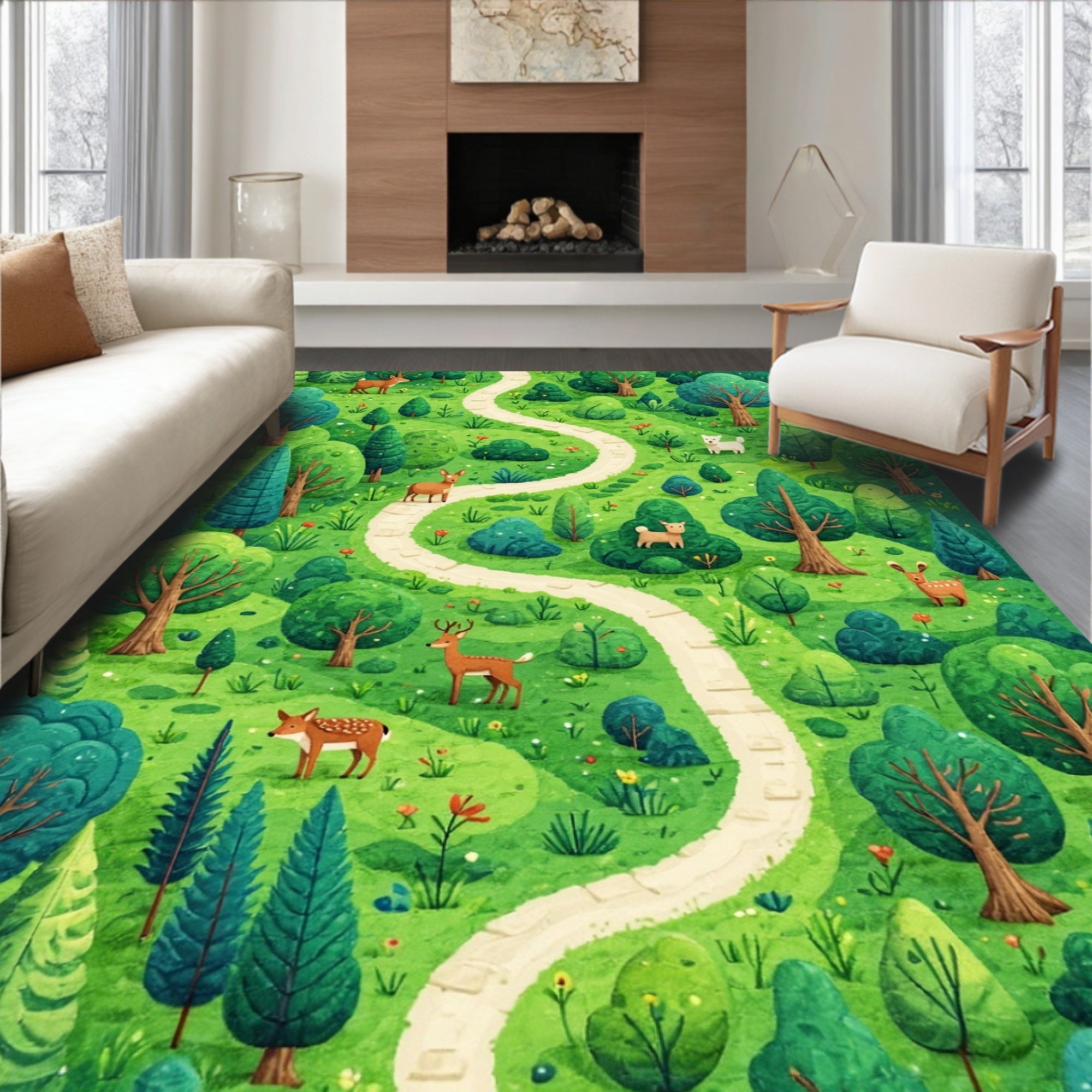 Whimsical Green Forest Path Rug(Green)