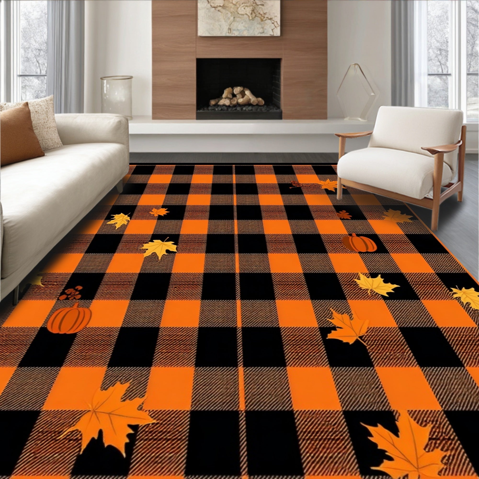 Orange Black Plaid Cozy Fall Rug(Black)