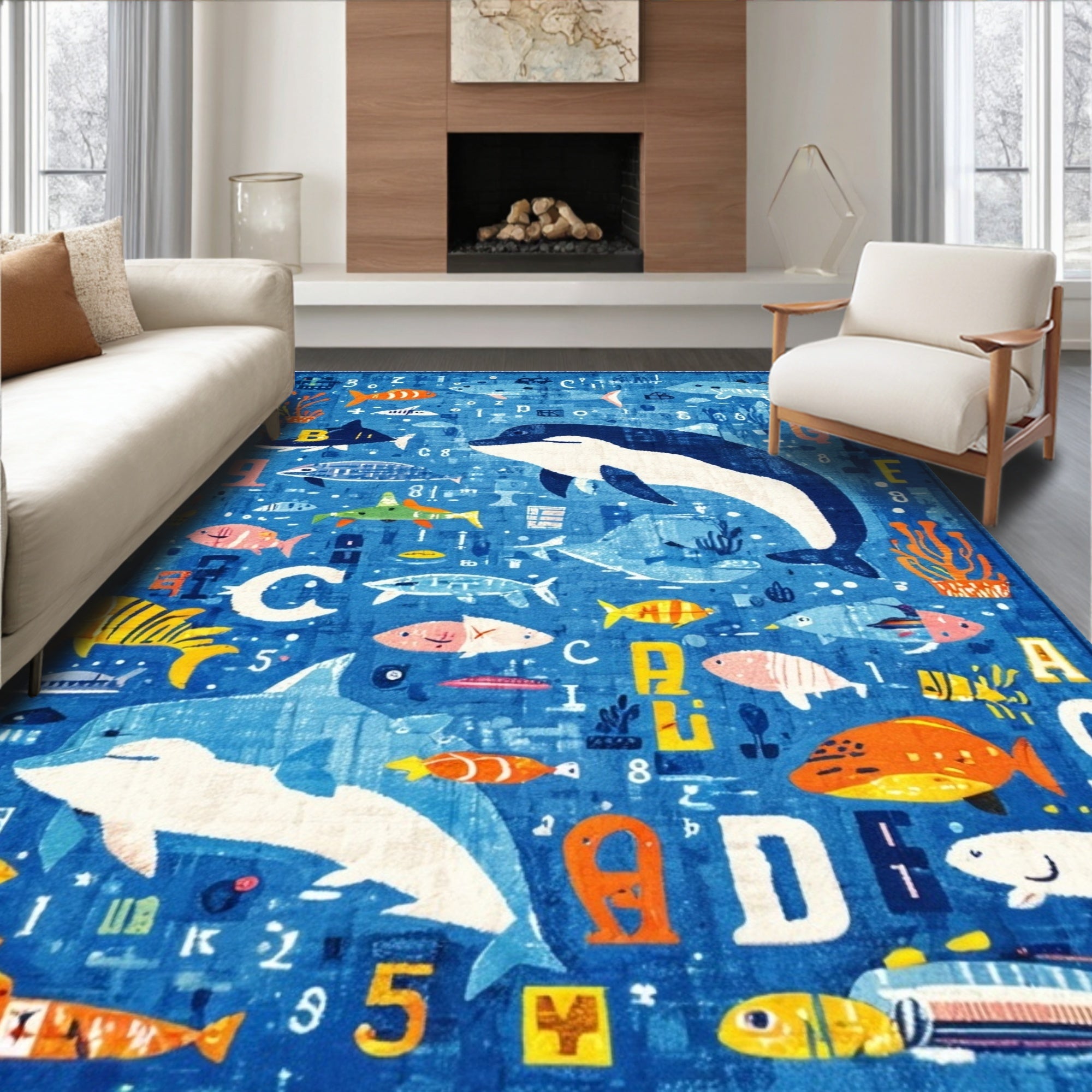Blue Playful Ocean Life Rug(Blue)