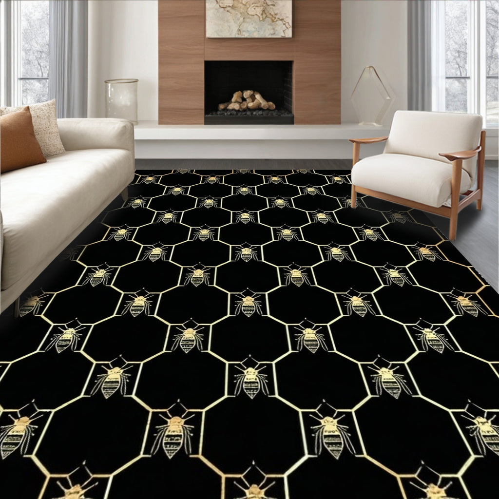 Black Gold Honeycomb Bee Elegant Rug(Black)