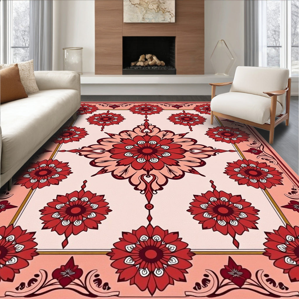 Vibrant Red Medallion Floral Rug(Red)