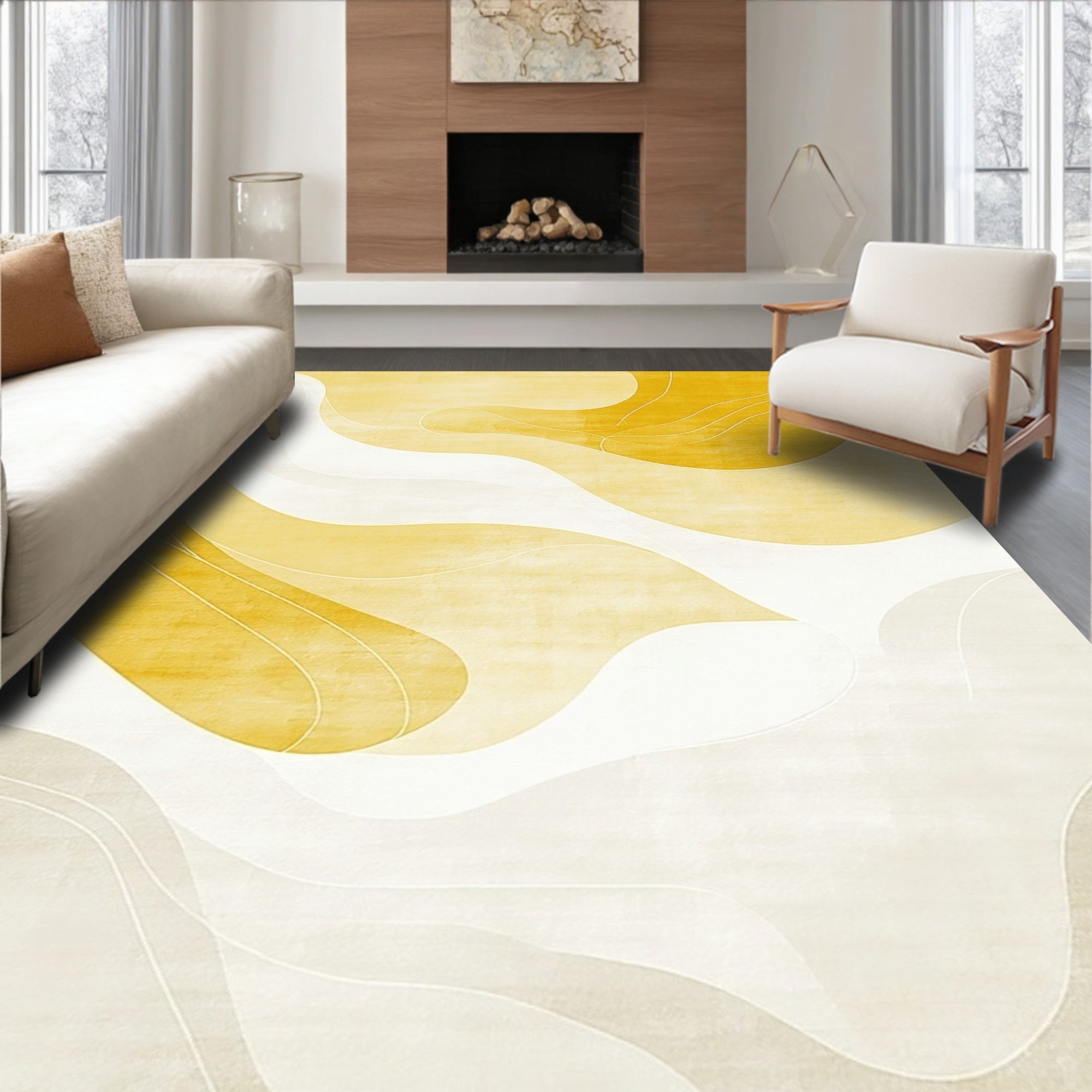 Golden Abstract Wave Serene Rug