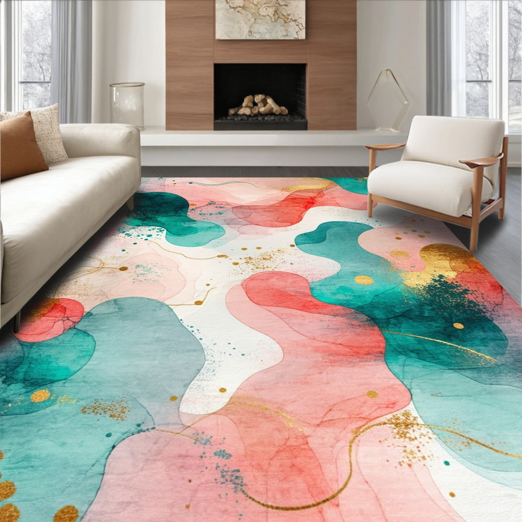 Vibrant Teal Pink Abstract Splatter Rug