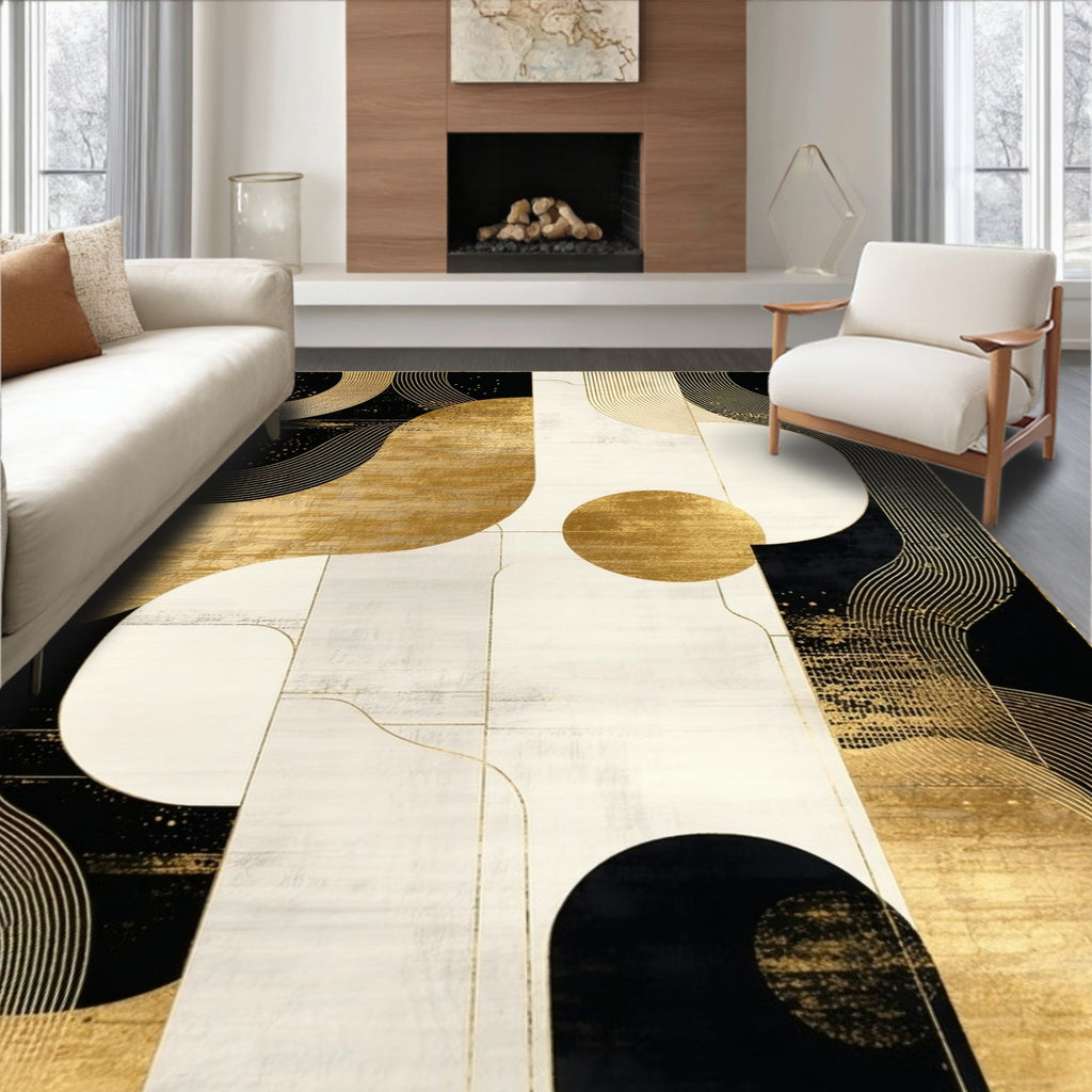 Modern Black Gold Abstract Curved Rug