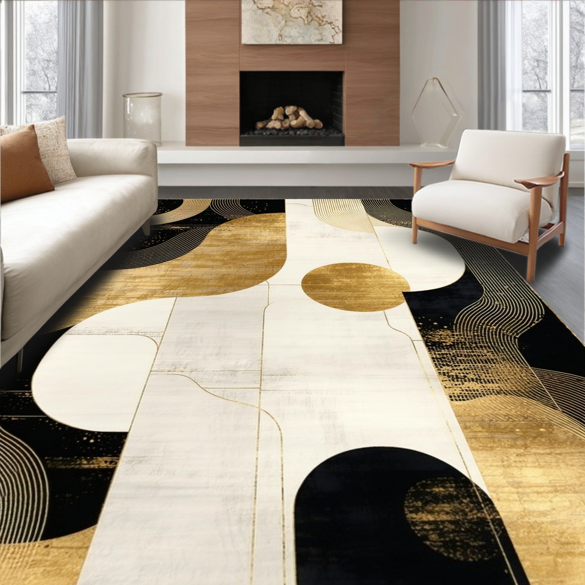 Modern Black Gold Abstract Curved Rug