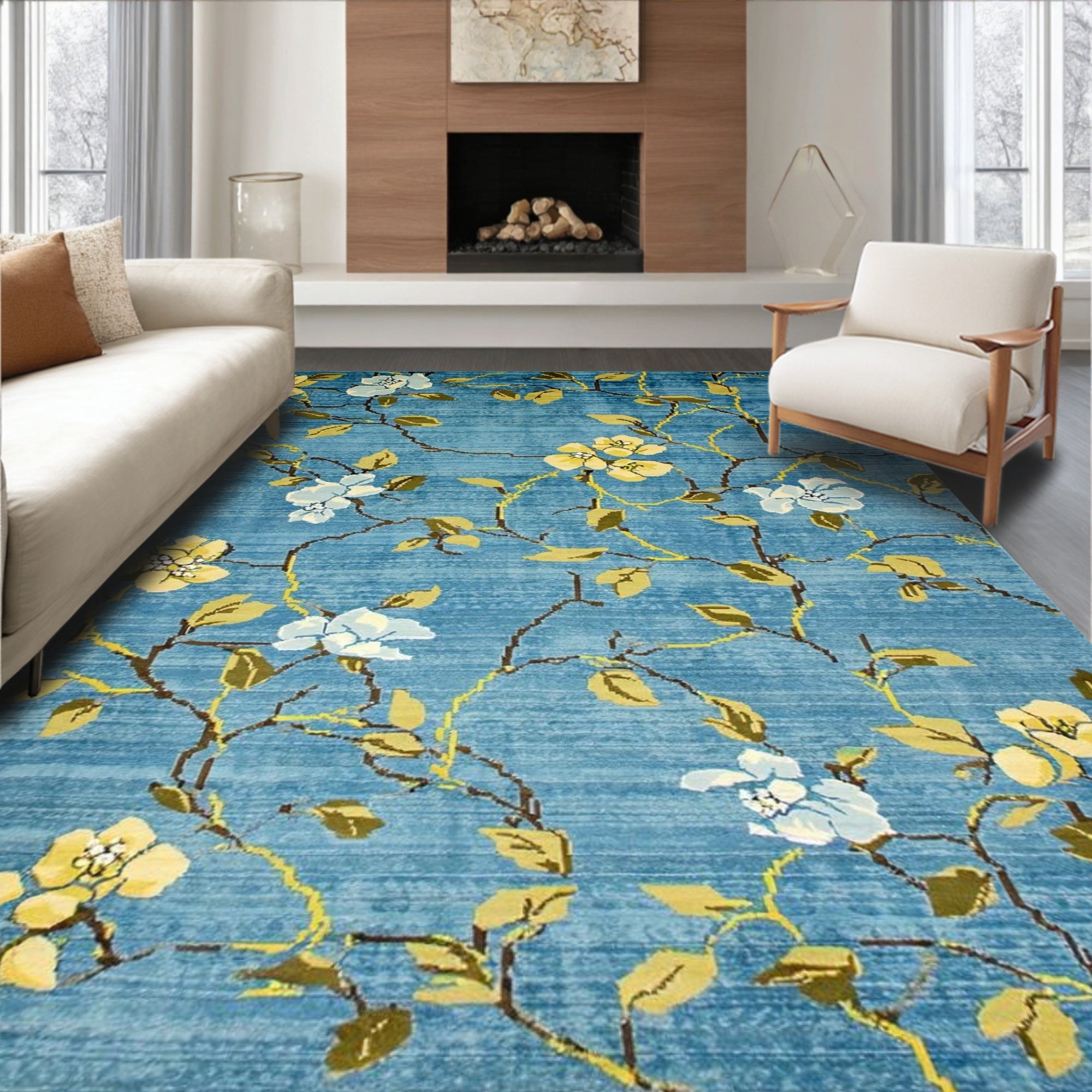 Cheerful Blue Floral Vine Rug(Blue)