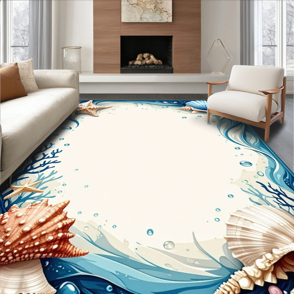 Tranquil Blue Coastal Border Rug(Blue)
