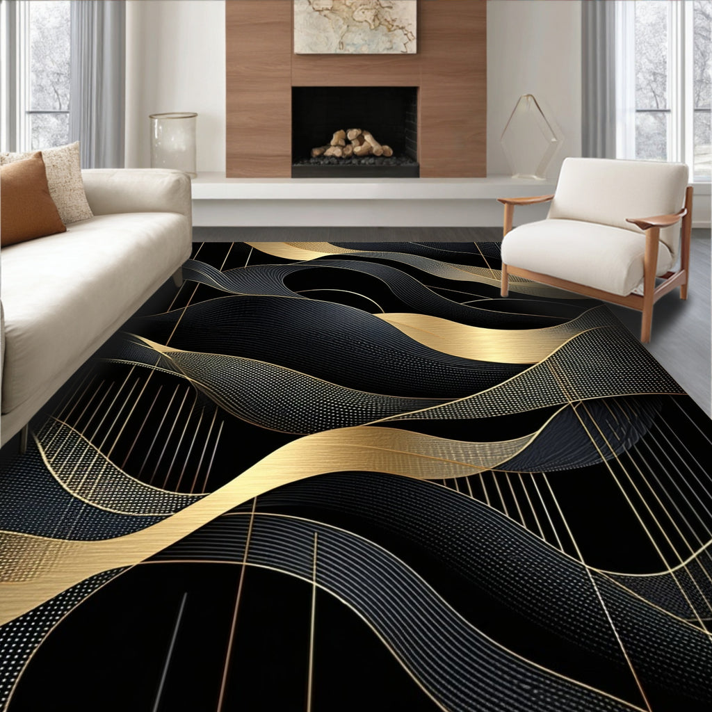 Black Gold Wave Pattern Luxurious Rug