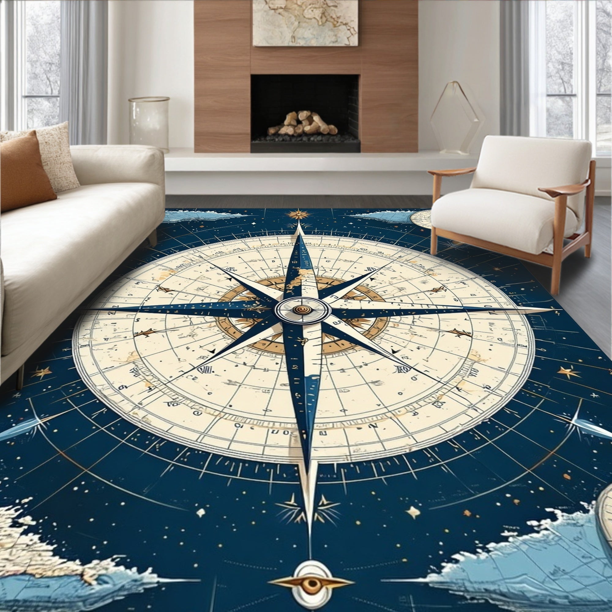 Navy & Cream Vintage Compass Adventure Rug(Blue)