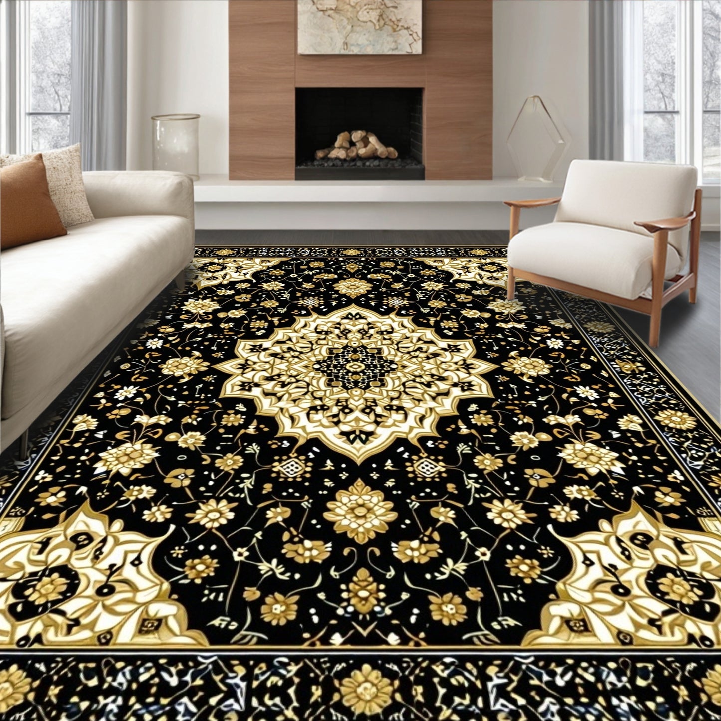 Black & Gold Ornate Elegant Rug(Black)