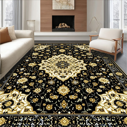 Black & Gold Ornate Elegant Rug(Black)