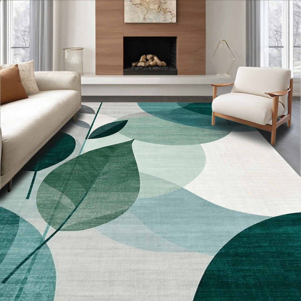 Teal Green Abstract Leaf Serene Rug