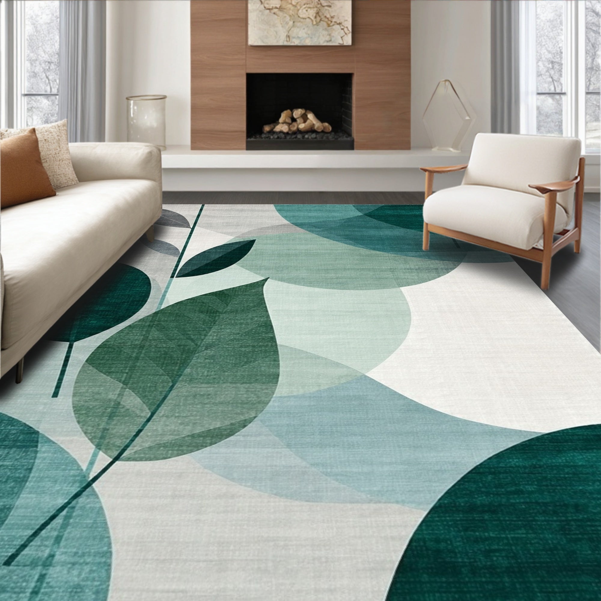 Teal Green Abstract Leaf Serene Rug